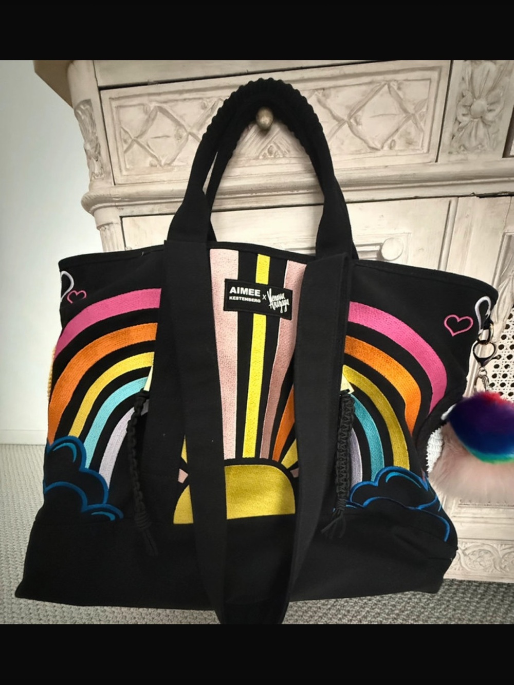 Black Rainbow Embroidered Canvas Tote